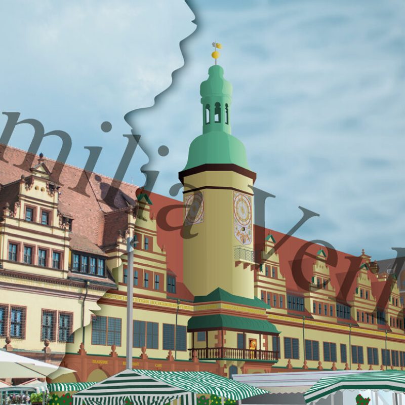 Postkarte altes Rathaus Leipzig halb gezeichnet