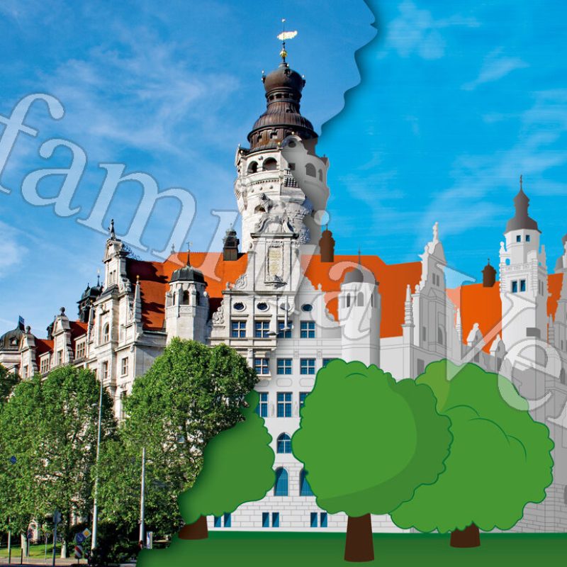 Postkarte neues Rathaus Leipzig halb gezeichnet